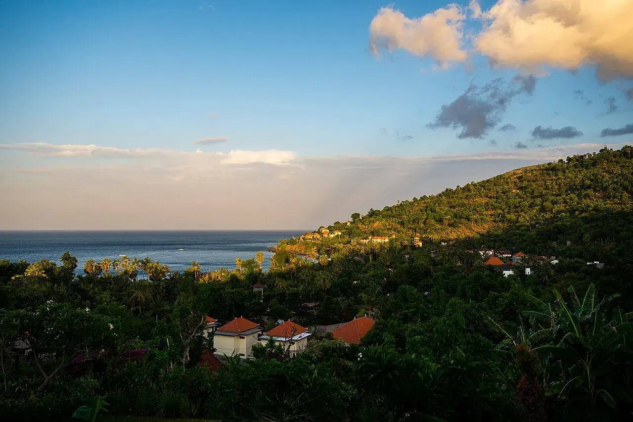 Jemeluk Bay in Amed with Mount Agung behind, 5 minutes by scooter