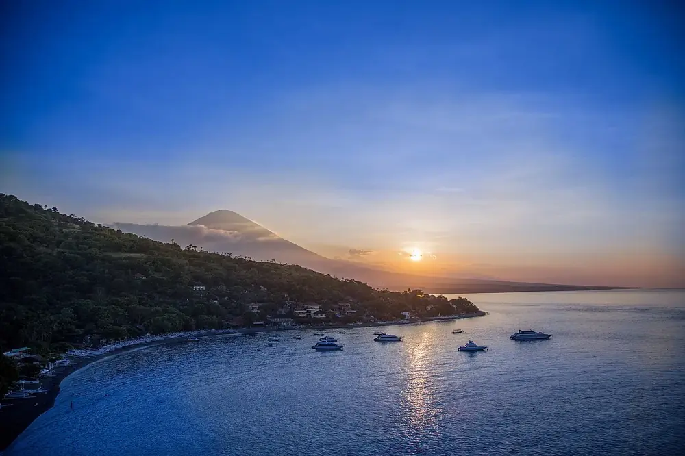 Sunset with Agung in the background — Jemeluk Viewpoint, Where to ride from Amed